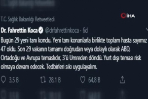 Trkiye'de korona virs vaka says 47'ye ykseldi