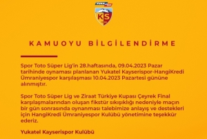 Kayserispor - mraniyespor ma Pazartesi'ne alnd