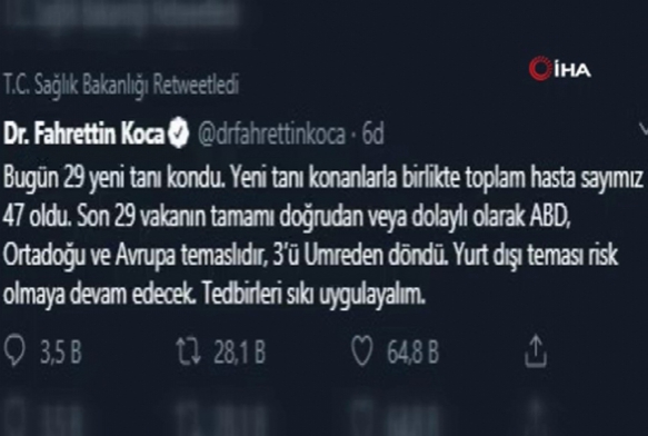 Trkiye'de korona virs vaka says 47'ye ykseldi