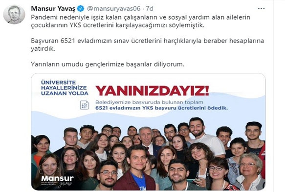 Ankara Bykehir Belediyesi YKS demesi destei szn tuttu